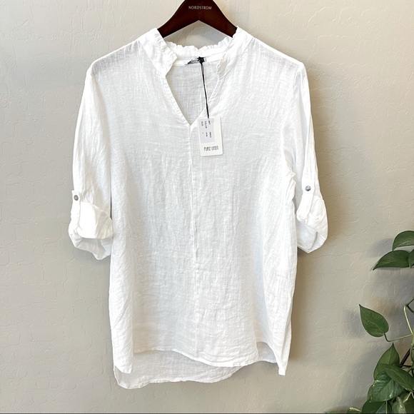 Rosemarine Tops - Rosemarine white 100%Linen Tunic top,Vneck, mandarin collar, Made in Italy, NEW!